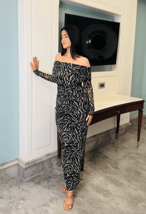rooshy off shoulder animal dress