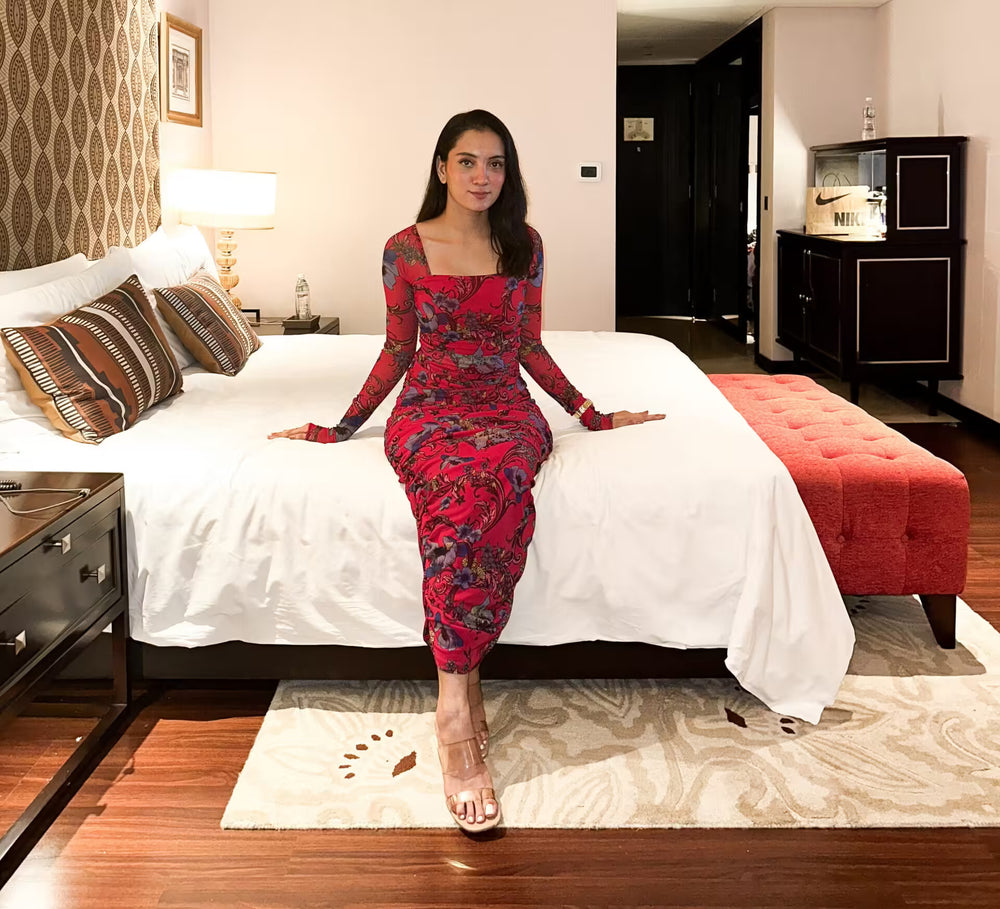 Love Me Red Net Ruched Bodycon Dress