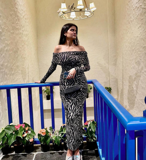 Animal Print Off Shoulder Net Dress