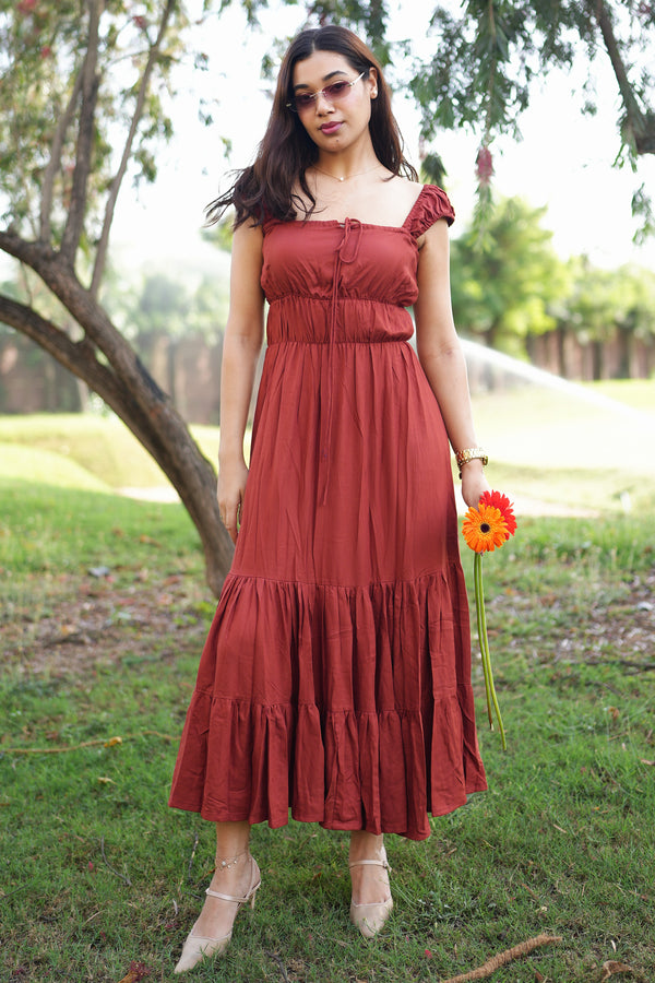 Rooshy Rust Red A line flared pleated maxi dress
