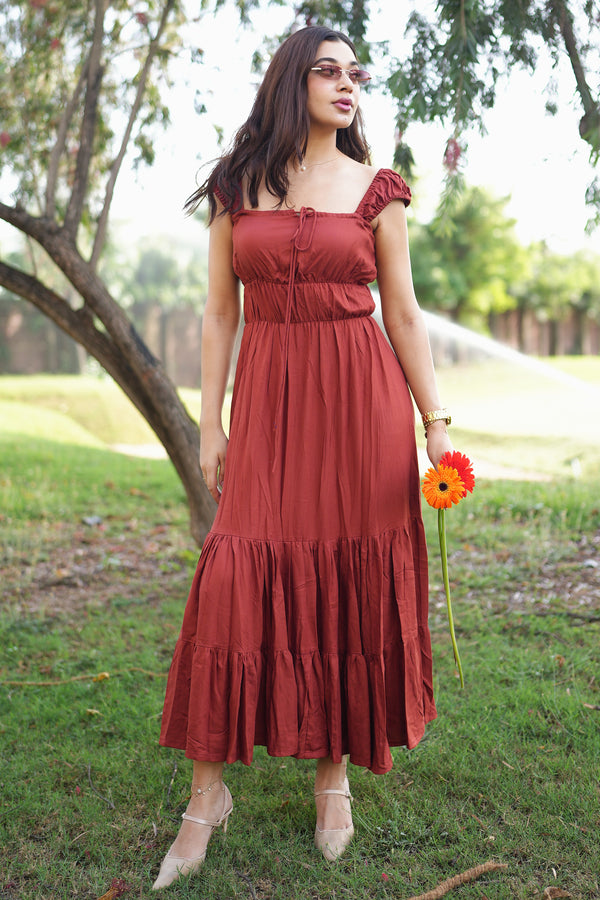 Rooshy broad strappy dark orange voluminous maxi dress