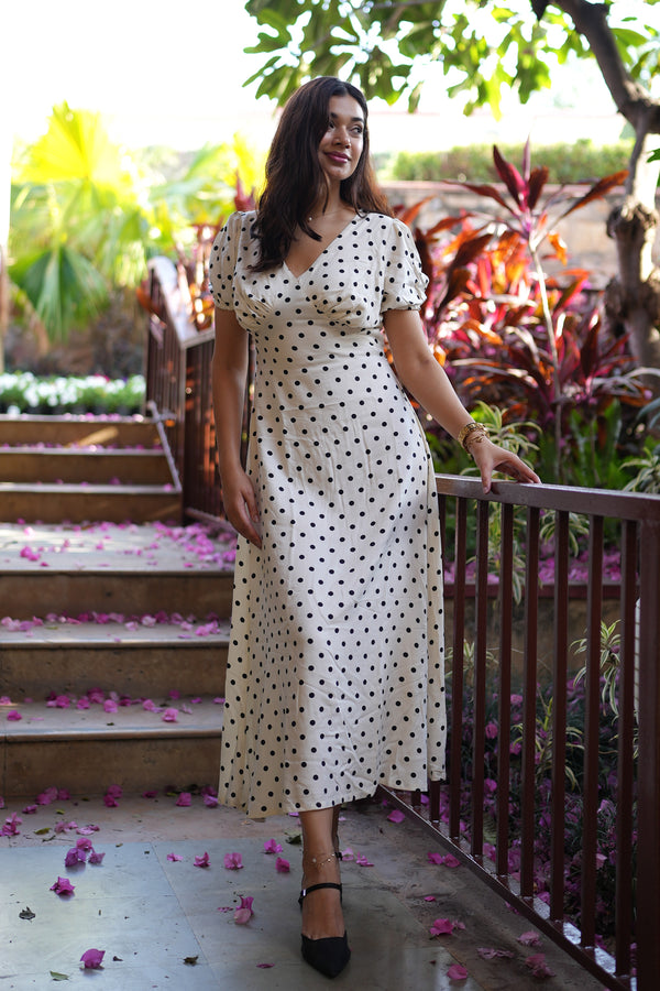 Rooshy pure rayon cotton snatch waist off white polka dress