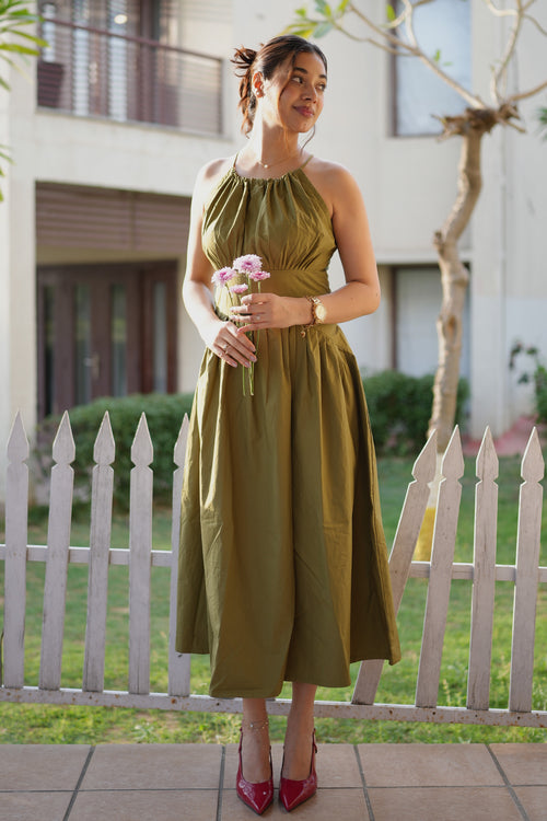Rooshy olive green flared halter neck dress