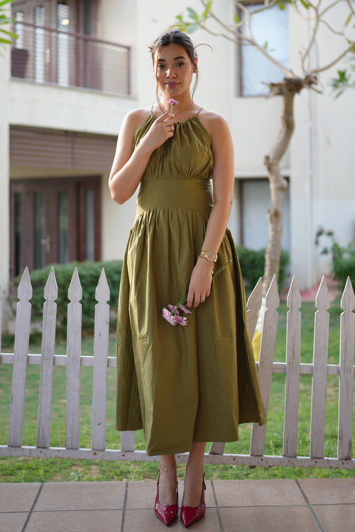 Rooshy high necktie up waist snatched flared maxi dress