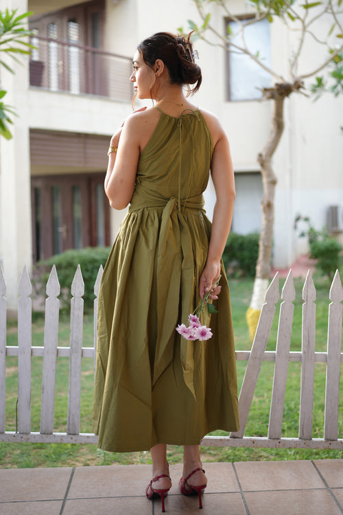 Rooshy olive green cotton poplin corset waist summer dress