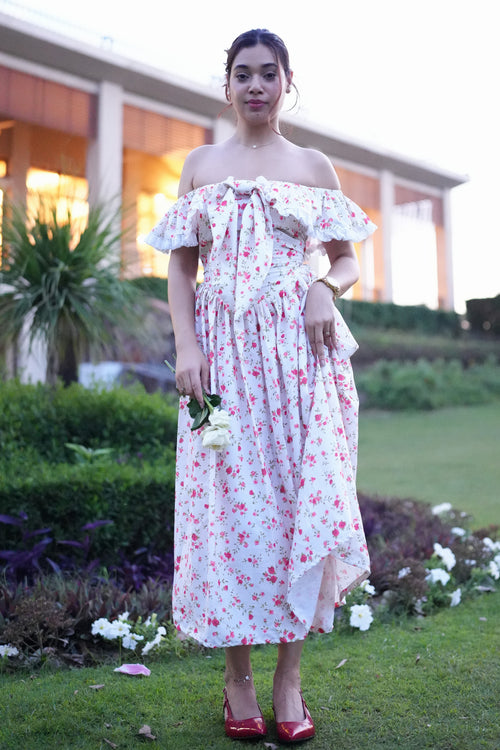 Rooshy floral print bow lace dress