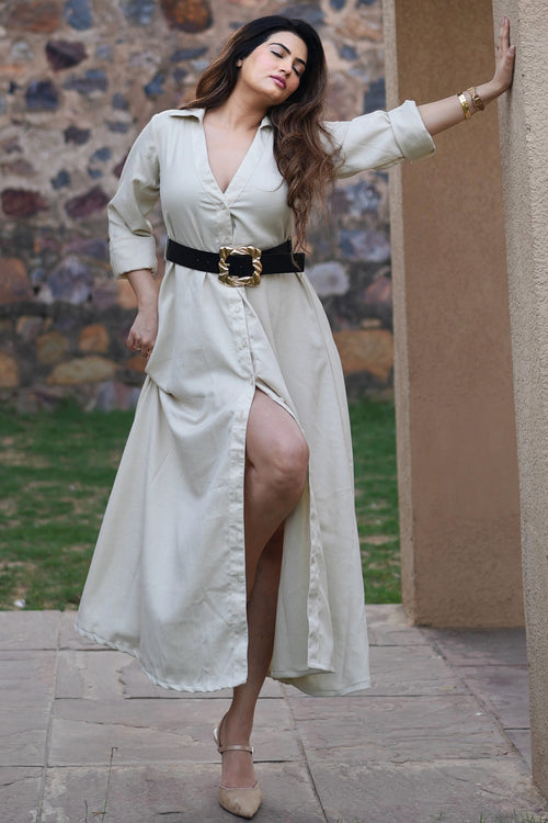 Rooshy V neck collar solid beige button detailed front dress