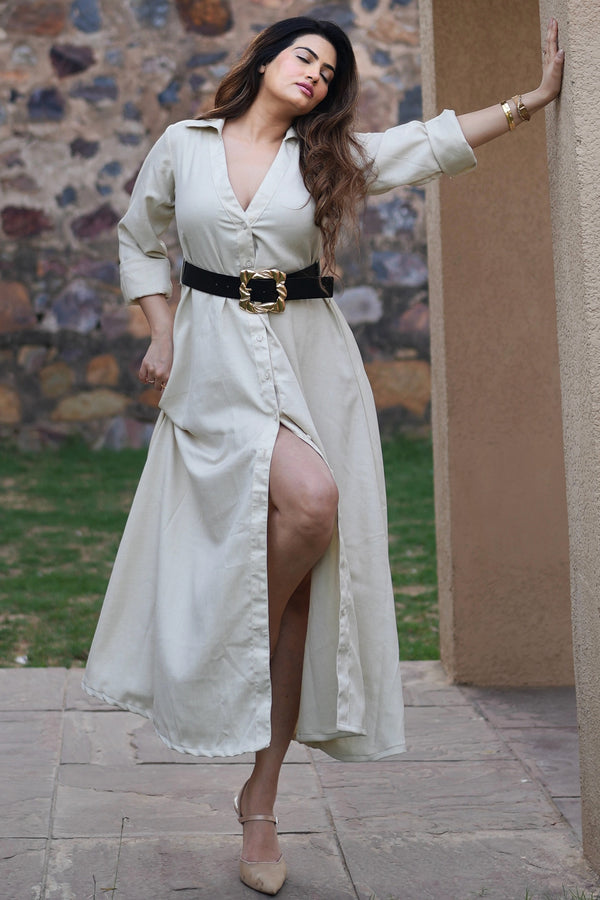 Rooshy V neck collar solid beige button detailed front dress