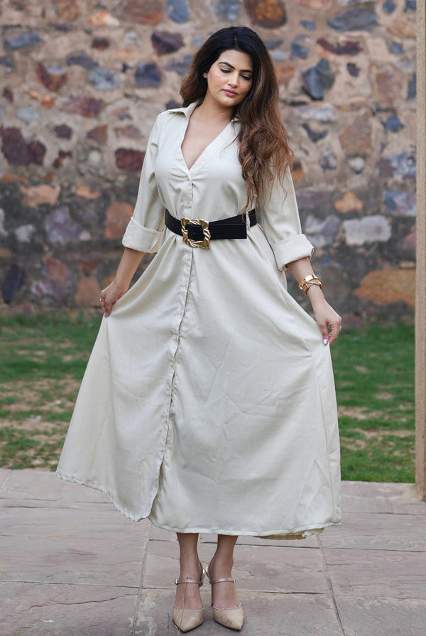 Rooshy light beige button down dress