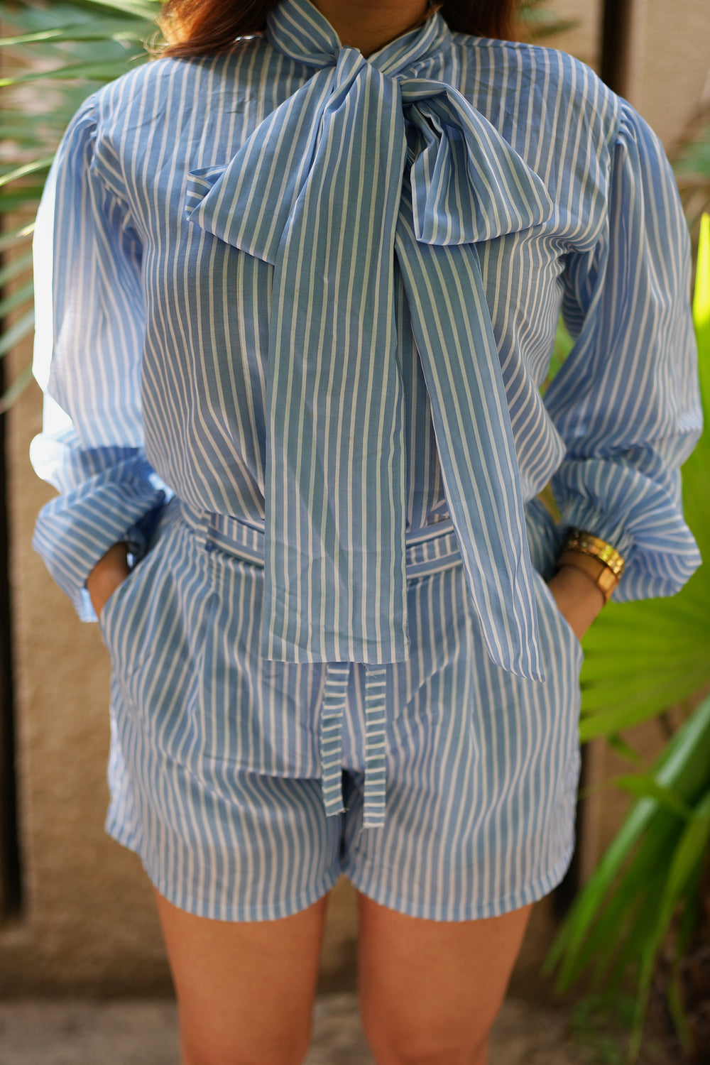 Rooshy bow detailed high neck stripes shirt top