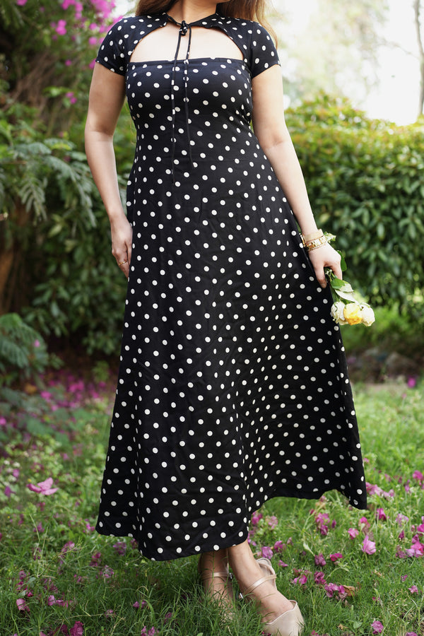 Rooshy polka A line polka half sleeves frock bow neck