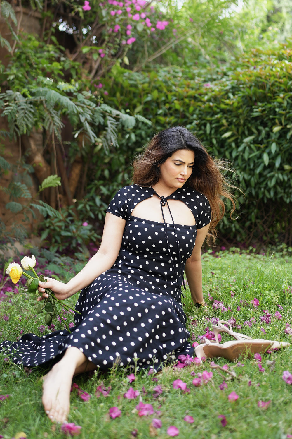 Rooshy polka print solid black maxi dress