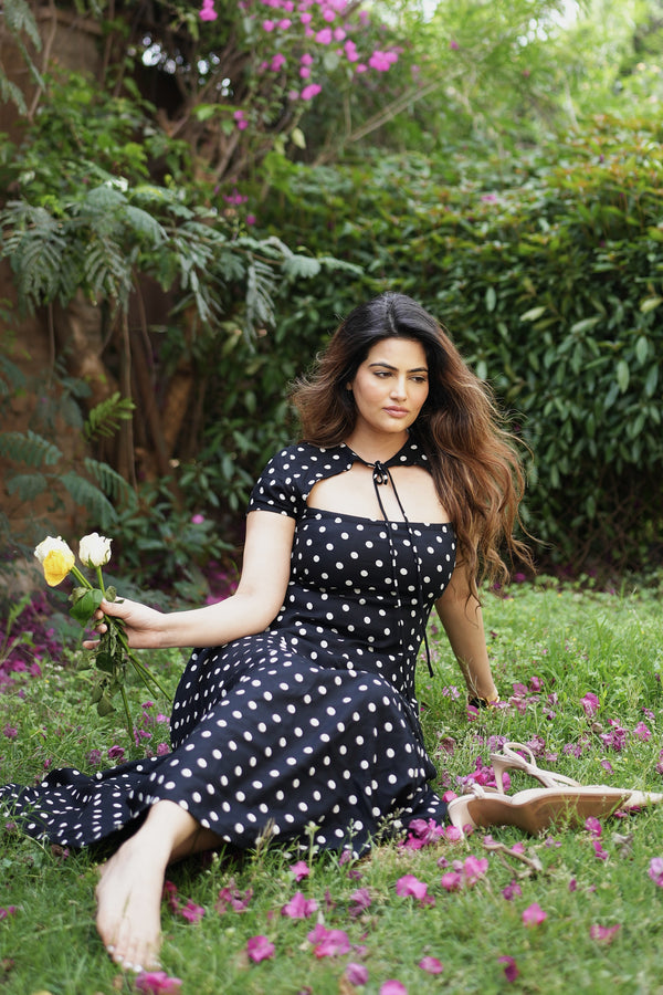 Rooshy black polka snatched waist midi dress