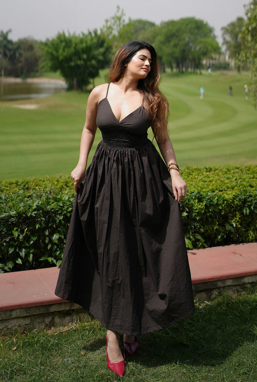 Rooshy brown solid pocket smocking dress