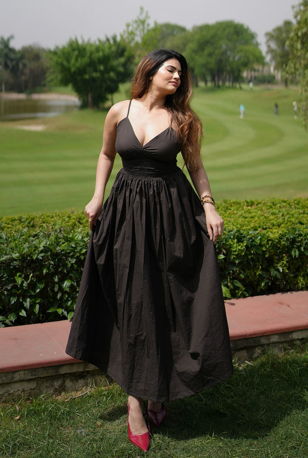 Rooshy brown solid pocket smocking dress