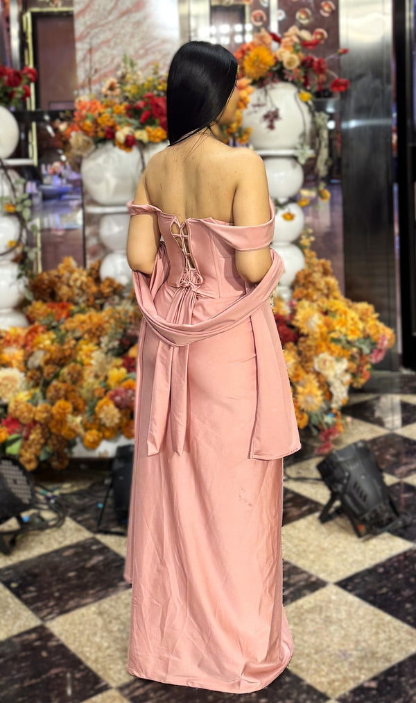 rooshy Adaa Luxe Drape Set - back view showing open back corset lace-up on blush pink drape set