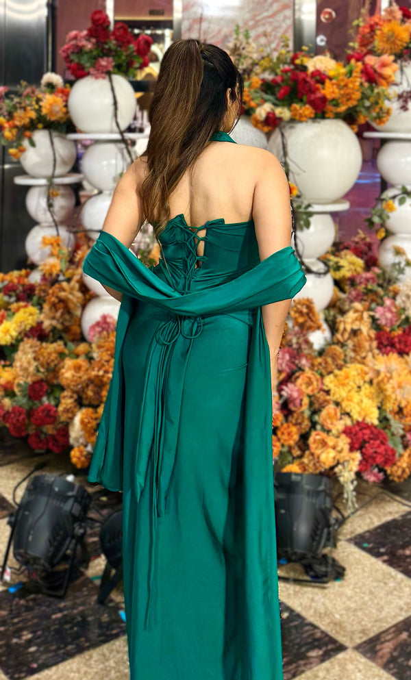 rooshy Mehraz Emerald Drape Set - back view showing open back and corset lace-up detail on emerald set
