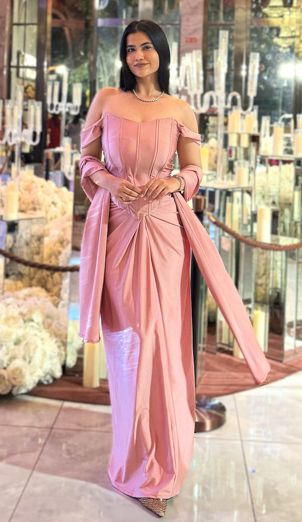rooshy Adaa Luxe Drape Set - full length blush pink off-shoulder corset drape set candelabra backdrop