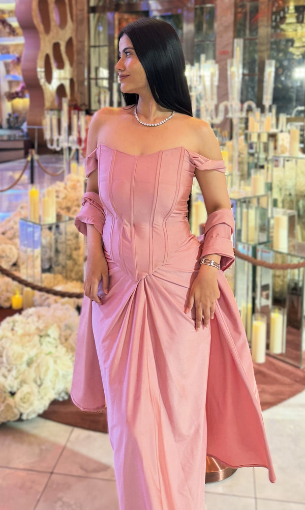 rooshy Adaa Luxe Drape Set - blush pink off-shoulder corset drape dress side angle luxury venue