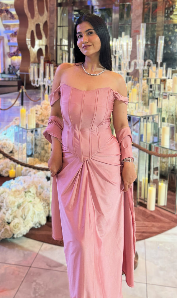 rooshy Adaa Luxe Drape Set - full length front view showing corset bodice and draped skirt front knot
