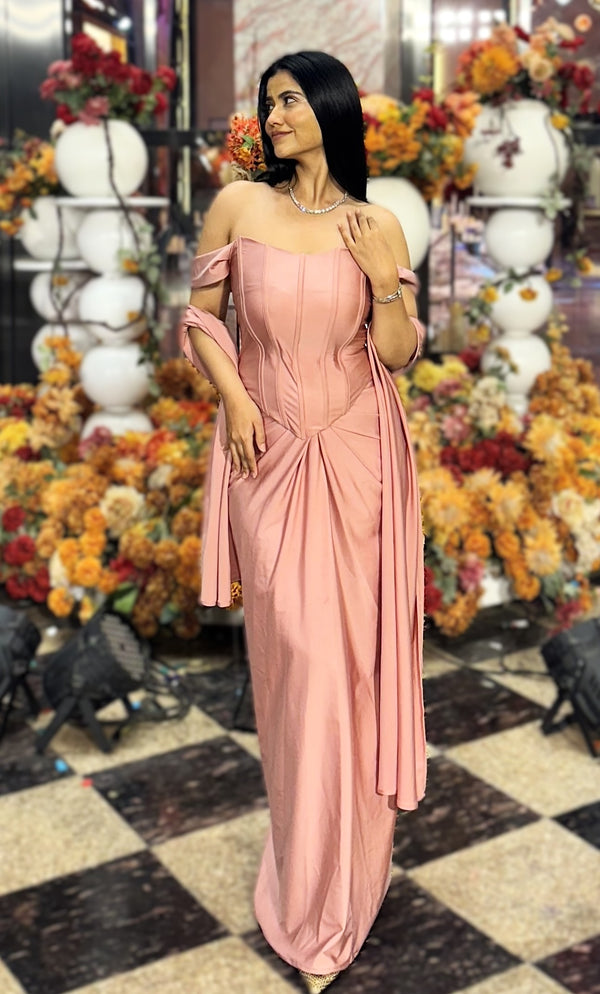 rooshy Adaa Luxe Drape Set - three-quarter view model hand on neckline showing corset bodice detail
