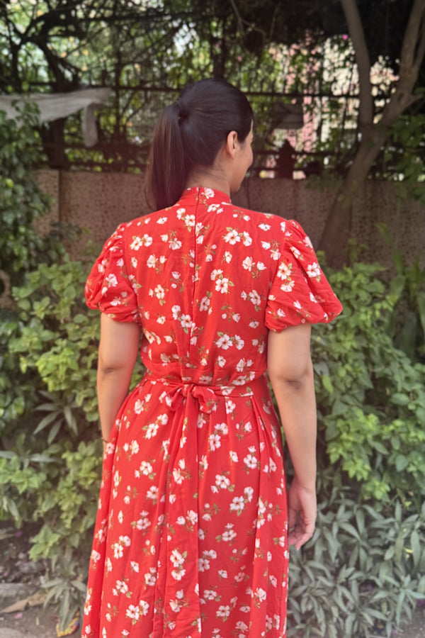 rooshy Sakura Muse Dress - back view showing waist bow tie detail on red floral dress