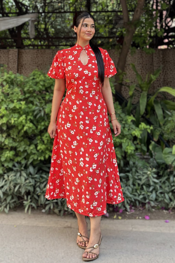 rooshy Sakura Muse Dress - red floral puff sleeve midi dress slim side angle full length