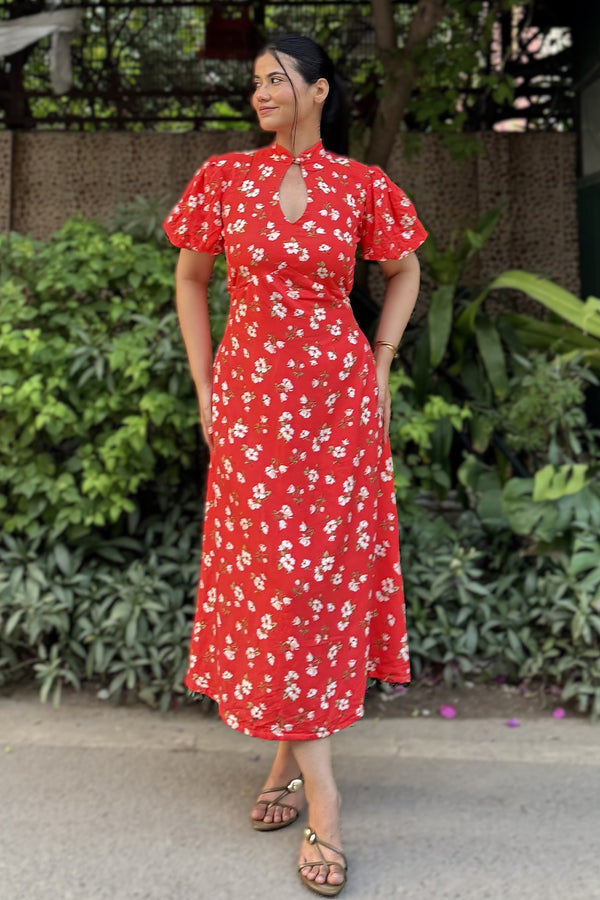 rooshy Sakura Muse Dress - red floral midi dress with puff sleeves and keyhole neck full length front view