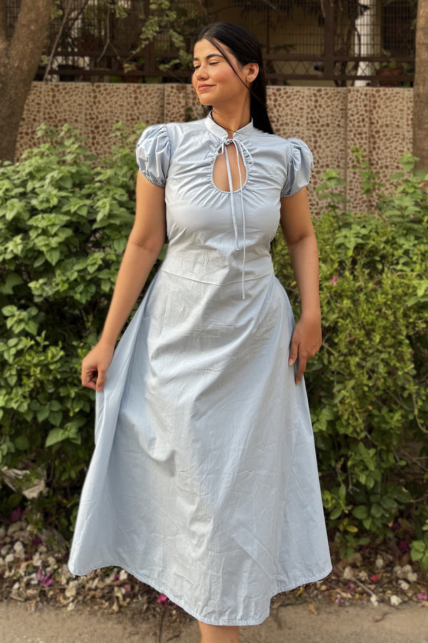 rooshy Blue Elan Collar Dress - close-up of ruched puff sleeves and keyhole collar neckline detail