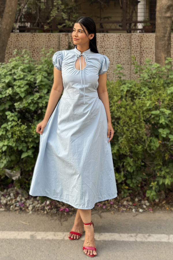 rooshy Blue Elan Collar Dress - side angle showing A-line flared silhouette of sky blue corset dress