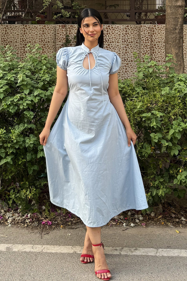 rooshy Blue Elan Collar Dress - powder blue keyhole collar puff sleeve midi dress full length front