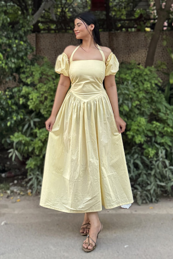 rooshy Butter Babe Corset Dress - off-shoulder puff sleeve yellow corset dress model looking sideways
