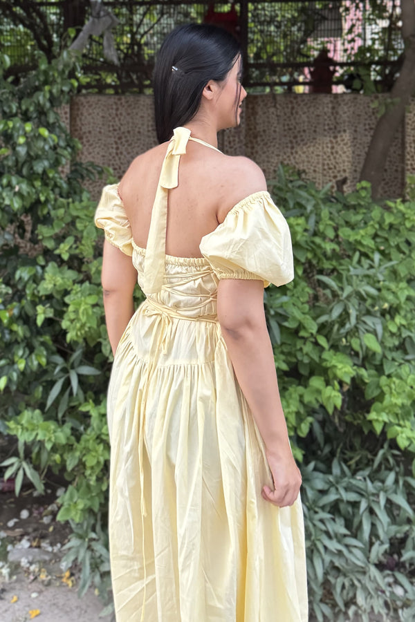 rooshy Butter Babe Corset Dress - back view showing open back corset tie and puff sleeve detail