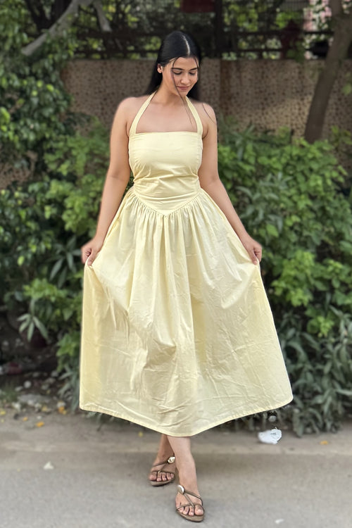 rooshy Butter Babe Corset Dress - model holding flared skirt wide open to show full volume
