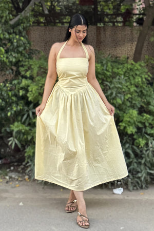 rooshy Butter Babe Corset Dress - model holding flared skirt wide open to show full volume