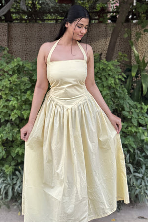rooshy Butter Babe Corset Dress - close-up of model holding flared skirt sides showing corset waist