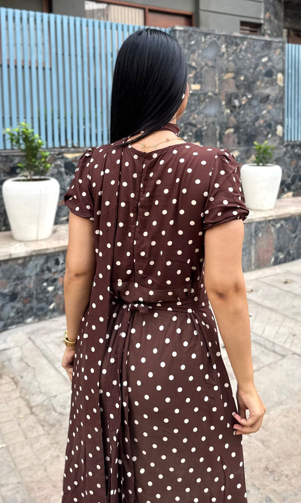 rooshy brown polka dot choker midi dress - back view showing zip closure and waist tie belt detail