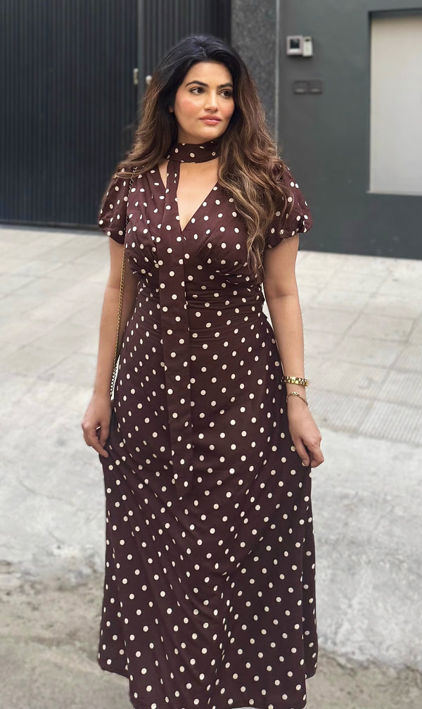 rooshy brown polka dot choker midi dress - curvy model full length front view V-neck choker midi dress