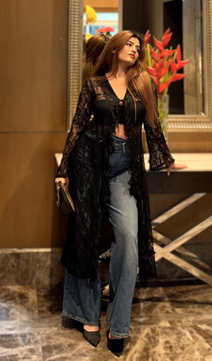 Elise Shadow Lace Top - black embroidered net lace top, front view