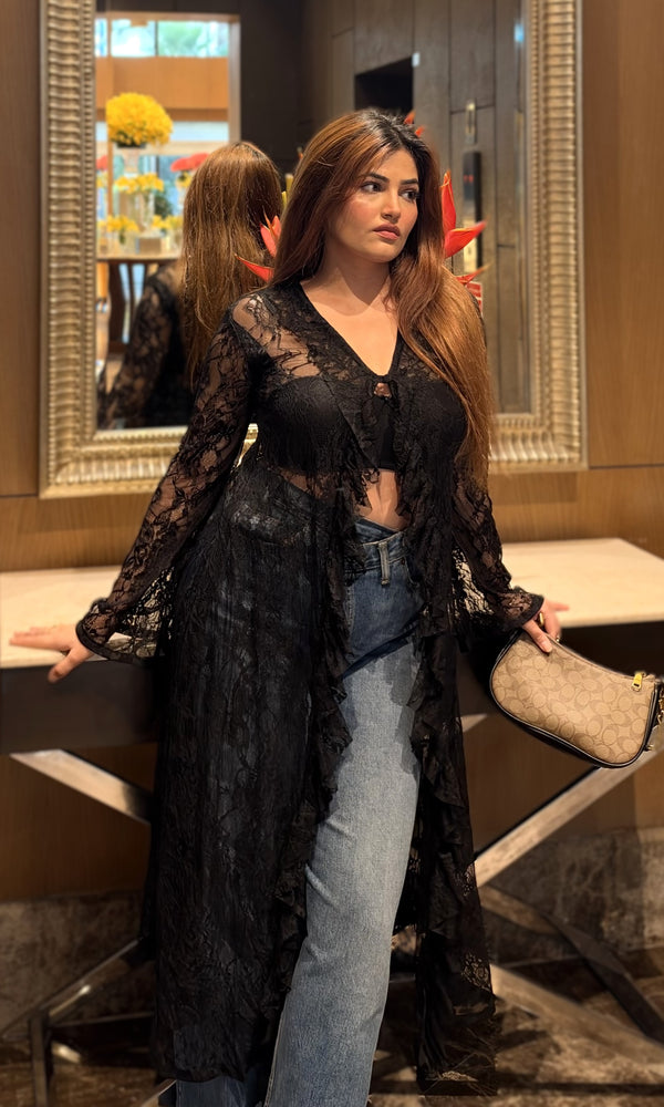 Elise Shadow Lace Top - black lace top on model