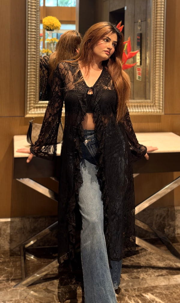 Elise Shadow Lace Top - black lace top, back view