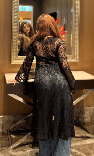 Elise Shadow Lace Top - black embroidered lace top, side view