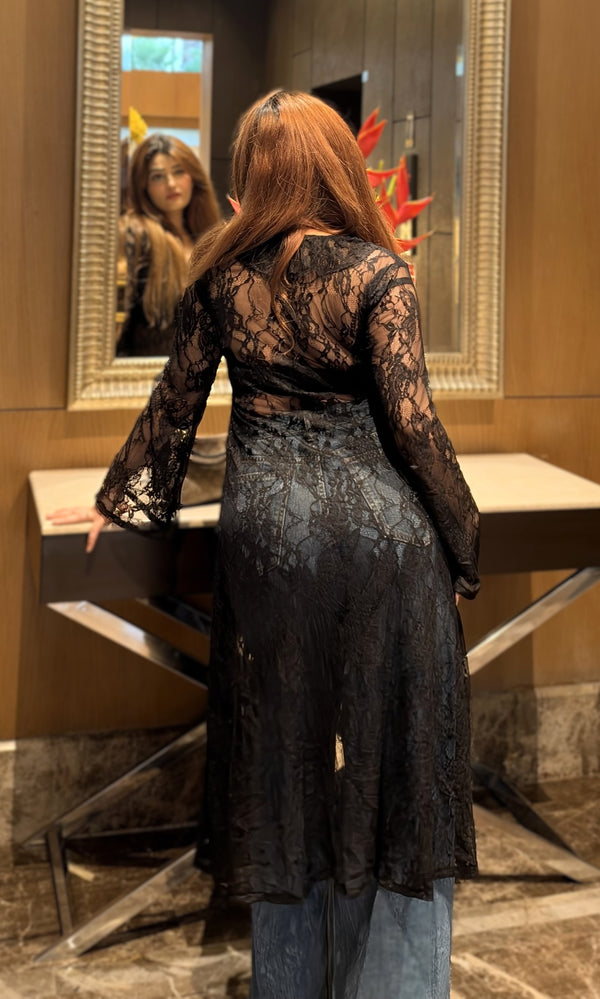 Elise Shadow Lace Top - black embroidered lace top, side view
