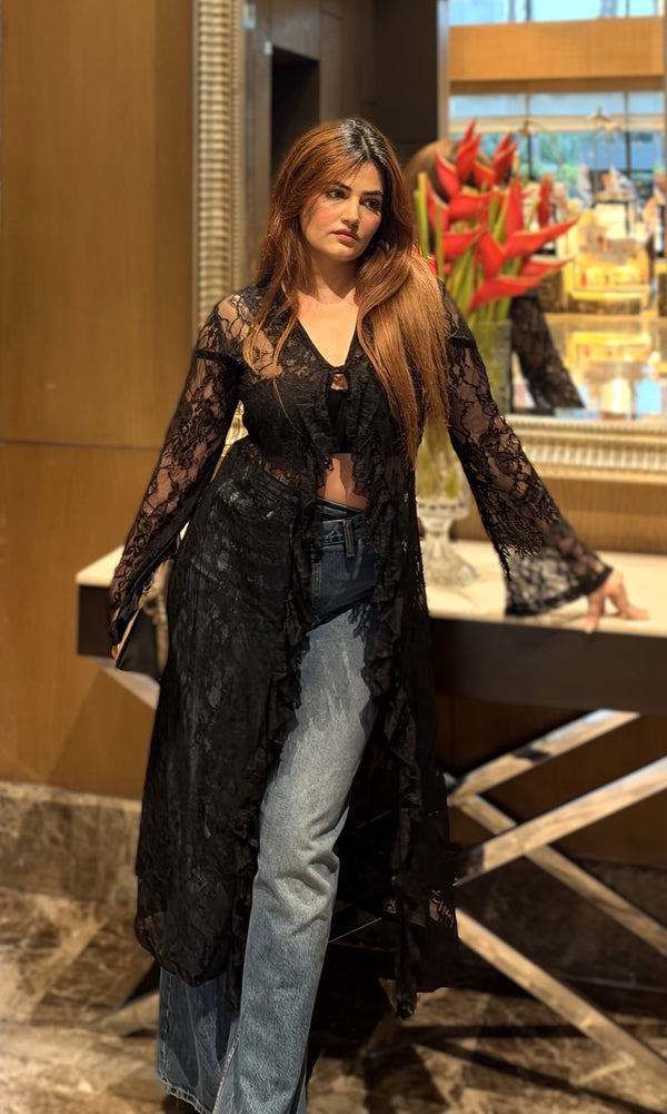 Elise Shadow Lace Top - black lace top styled over bralette and denim