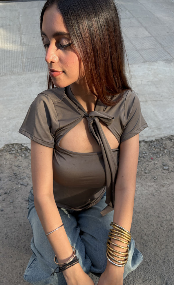Rooshy dark grey solid  tieup everyday budegt top