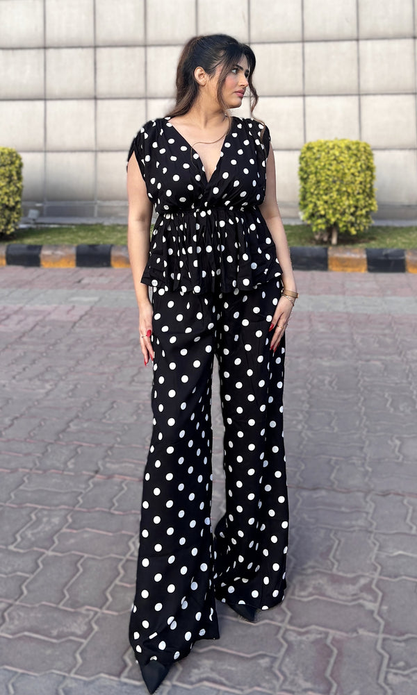 Rooshy gathered cotton V neck polka dots stretchable waist tops for women