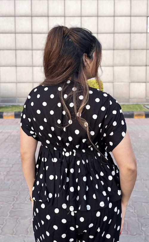 Rooshy polka dots black frill tops for women