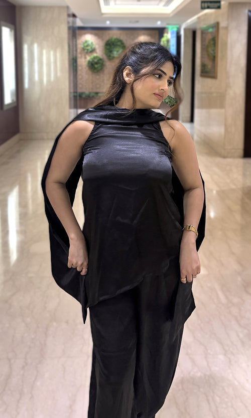 Rooshy satin Asymmetric black tops for women