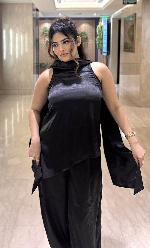 Rooshy satin asymmetric halter neck scarf top
