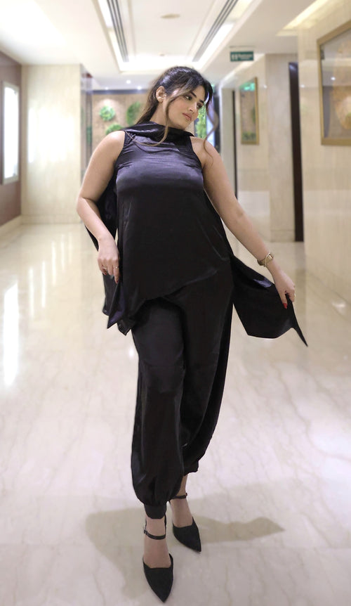 Rooshy black solid asymmetric satin top with scarf attached 